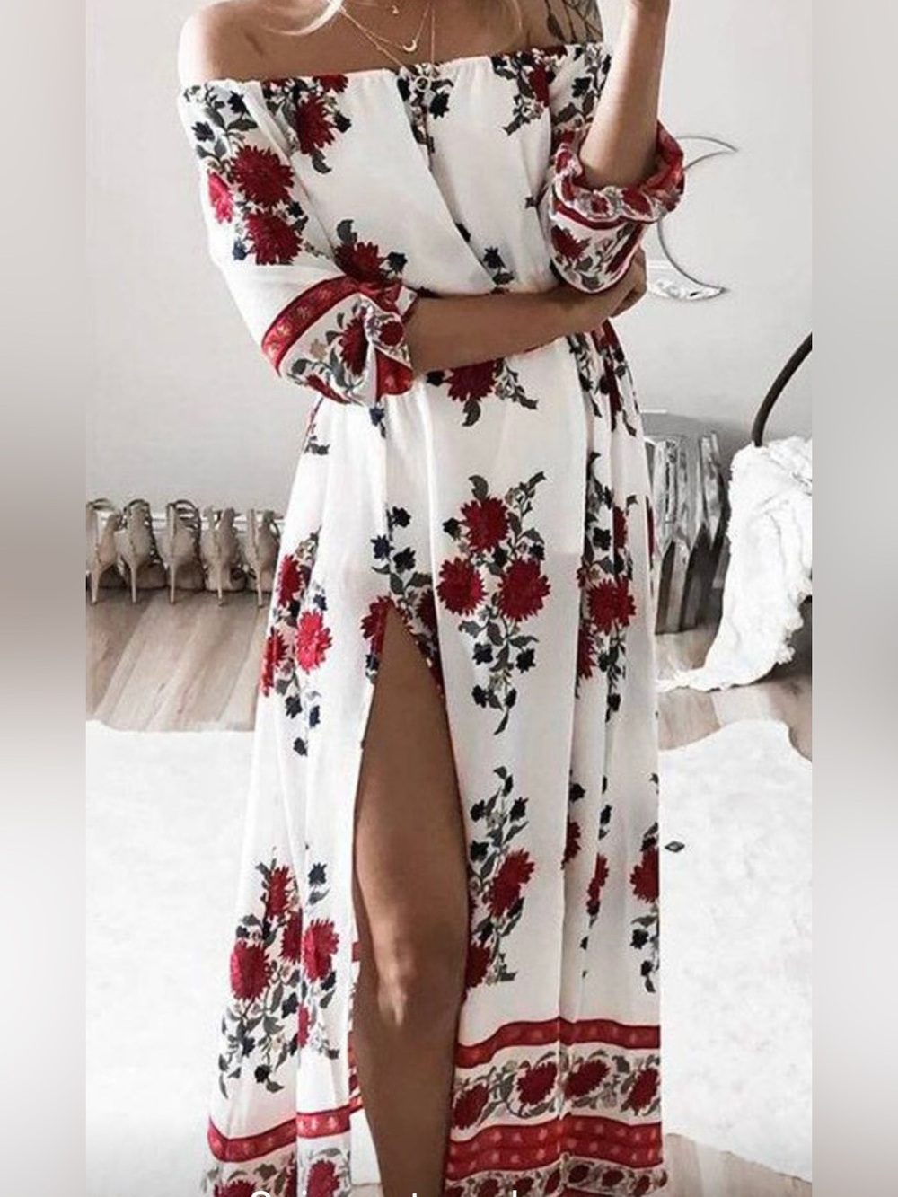 Dance & Marvel White Maxi Dress with Red Floral Print